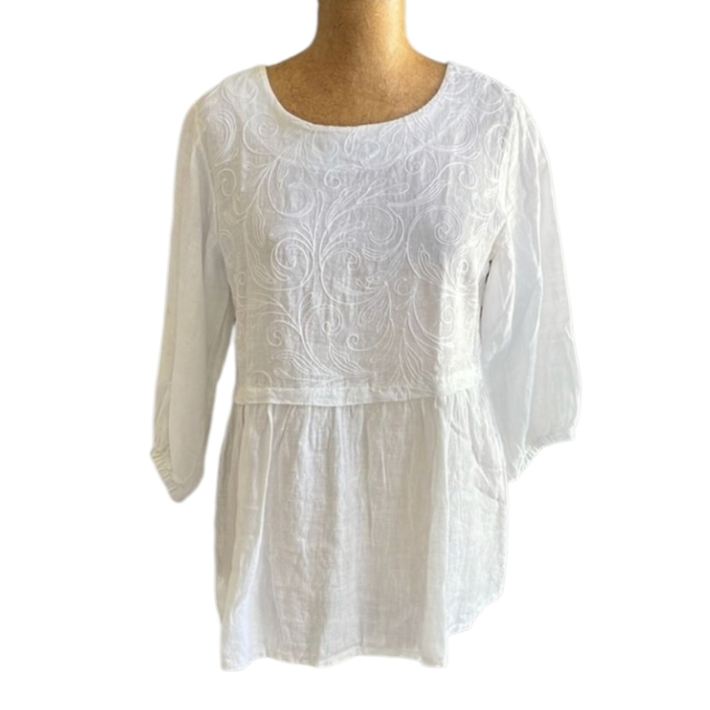 New Alessia Pacini Women's Medium White 100% Pure Linen Puff Sleeve Tunic Shirt